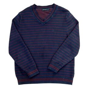 Nautica Navy Stripe V-Neck Pullover Sweater Thick 100% Cotton Long Sleeve Large